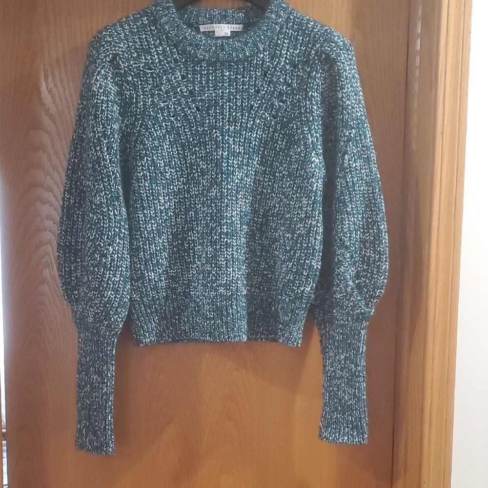 Elegant Teal Knit Sweater, VERONICA BEARD ROOPA PUFF-SLEEVED SWEATHER - Picture 4 of 10